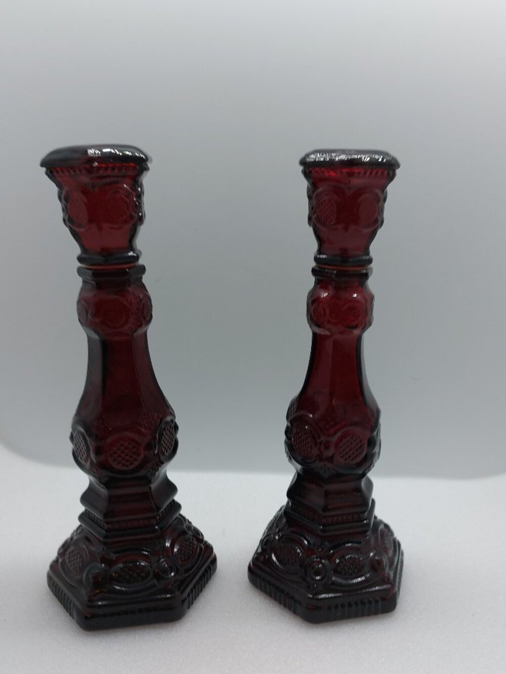 2 Vintage Avon Cape Cod Ruby Red 8 1/2" Candlestick Holders